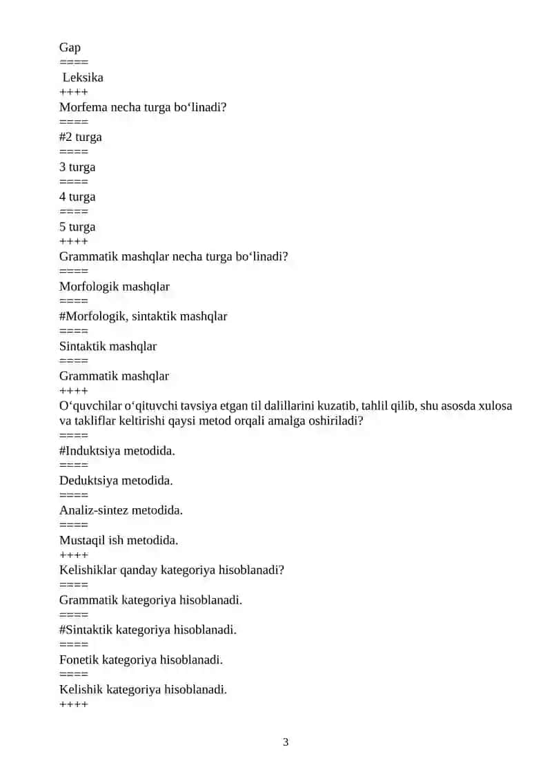 Boshlang‘ich ta’lim yo‘nalishi 3 kurs uchun tuzilgan test savollari 3