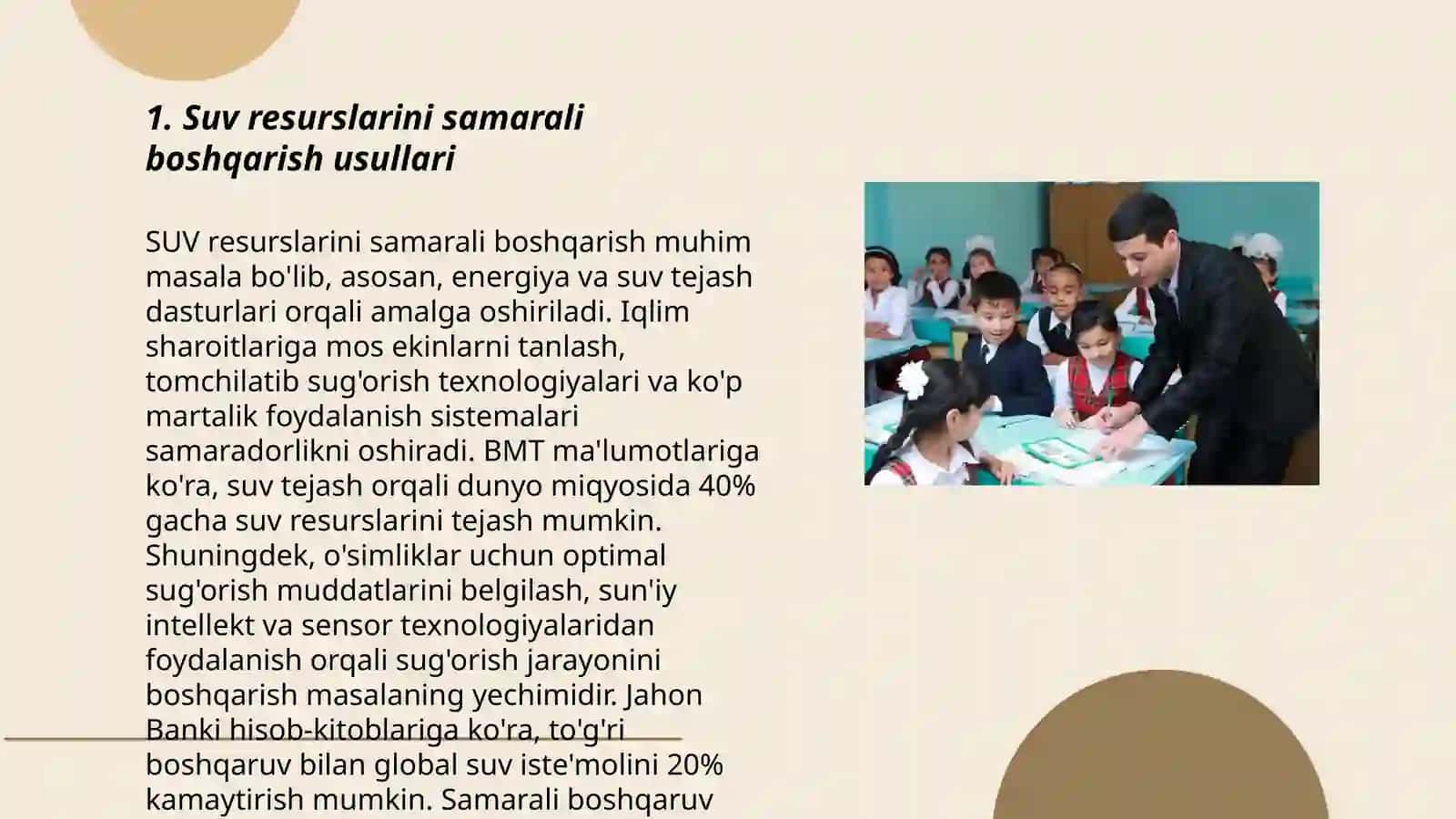 Suvdan unumli foydalanish, fermer xoʻjaliklarida yerlarni sugʻorishni boshqarish va barqarorlikni yaxshilaydi 3