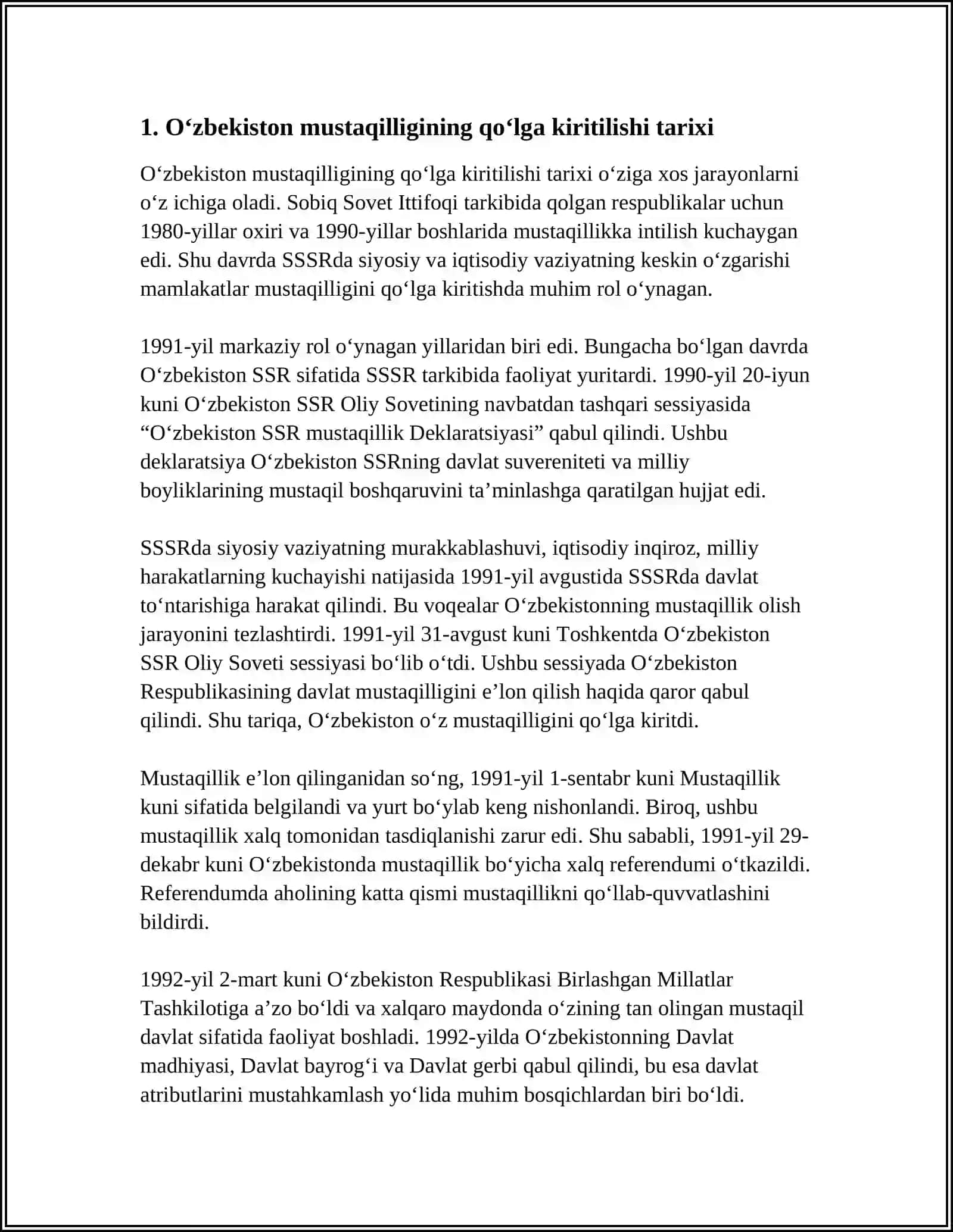 O'zbekistonda Davlat Mustaqilligining Qo'lga Kiritilishi, Huquqiy Demokratik Davlat va Fuqarolik Jamiyati Asoslari 3