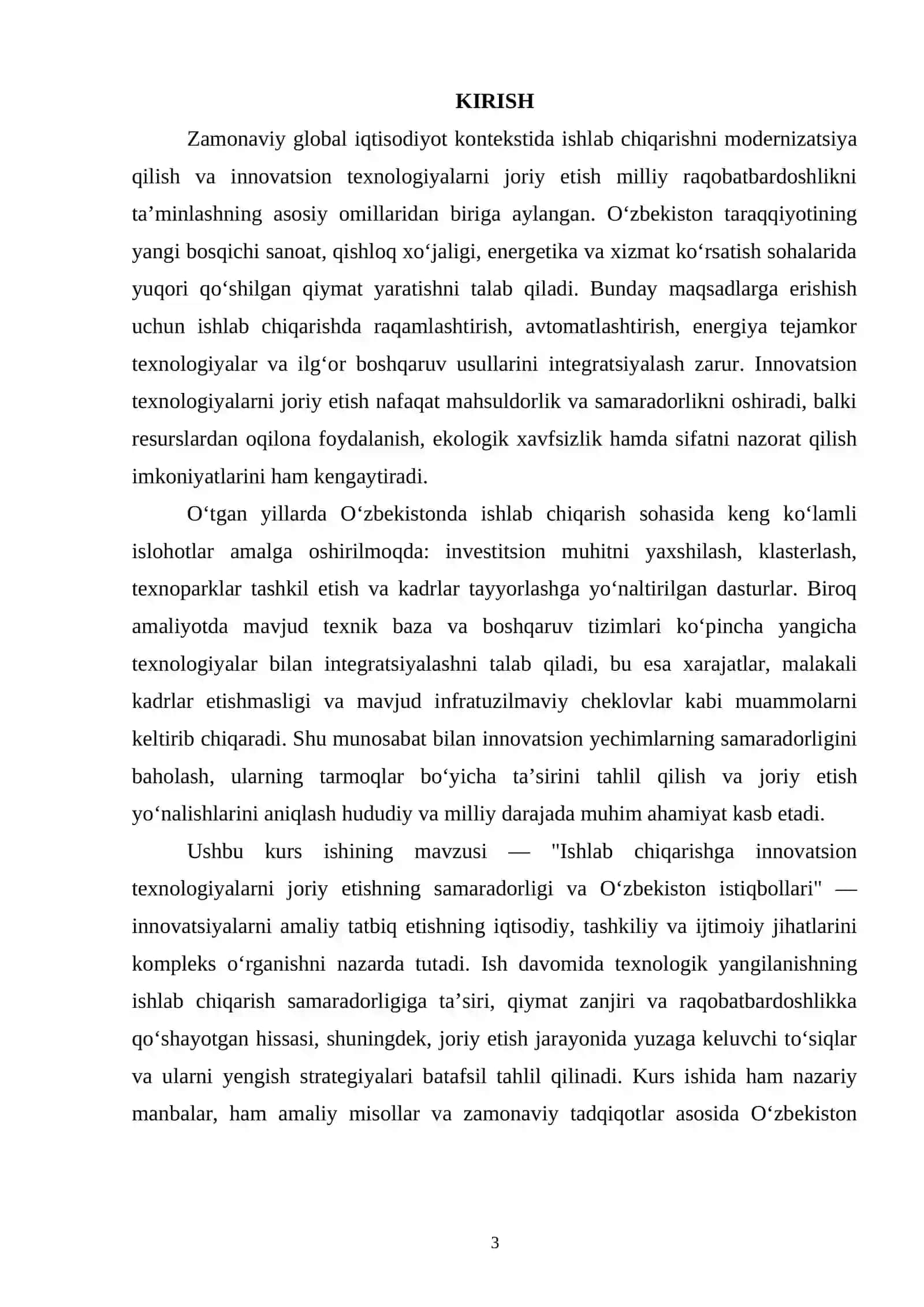 " ISHLAB CHIQARISHGA INNOVATSION TEXNOLOGIYALARNI JORIY ETISHNING SAMARADORLIGI VA O‘ZBEKISTON ISTIQBOLLARI" mavzusi 3