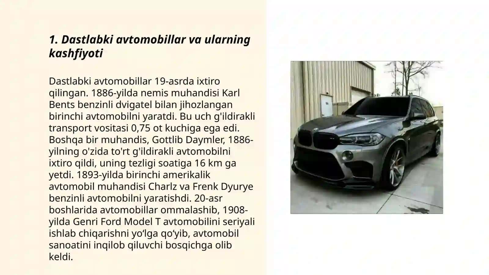 Avtomobillarni rivojlanish tarixini oʻrganish toʻgʻrisida silayt tayorlash 3