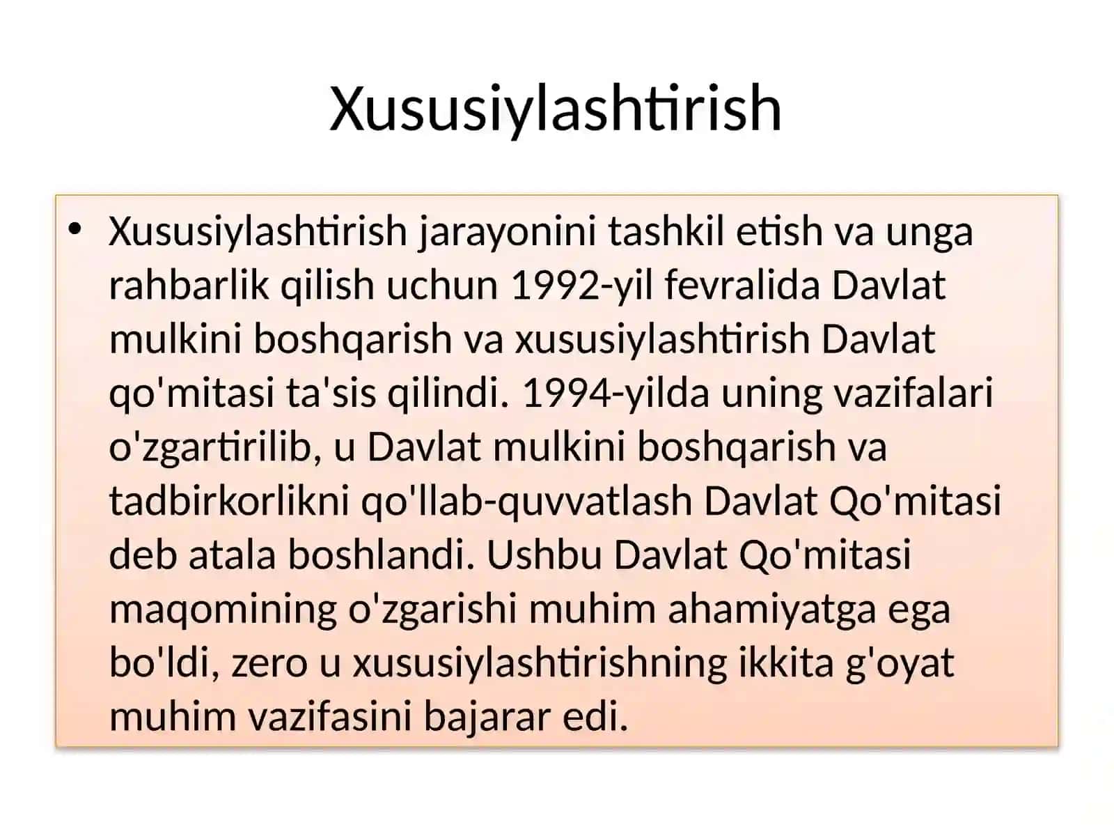O‘zbekistonda bozor munosabatlarining rivojlanishi. iqtisodiy islohotlar, xususiy mulkchilikning shakllanishi 3