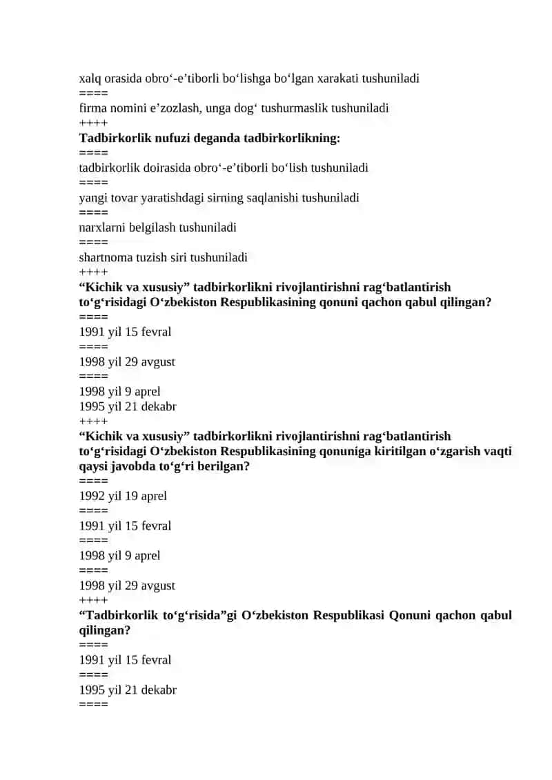 KICHIK BIZNES VA XUSUSIY TADBIRKORLIK fanidan yakuniy nazorat TESTLARI 3