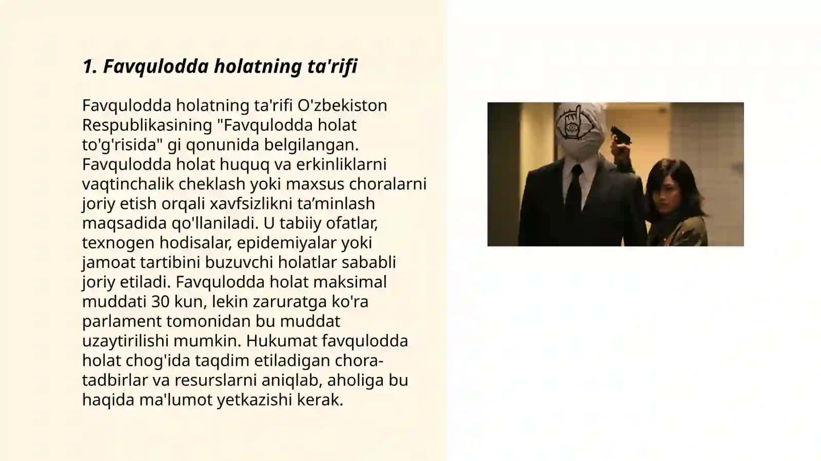 Oʻzbekiston Respublikasining “Favqulodda holat toʻgʻrisida”gi Konstitutsiyaviy qonuni mazmuni va mohiyati 3