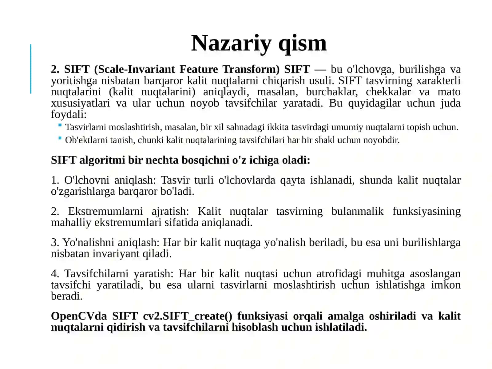 Tasvirnifiltrlashda Furyetransformatsiyasidan,tasvirnitahlilqilishda SIFT va HOG funksiyalaridan foydalanish 3