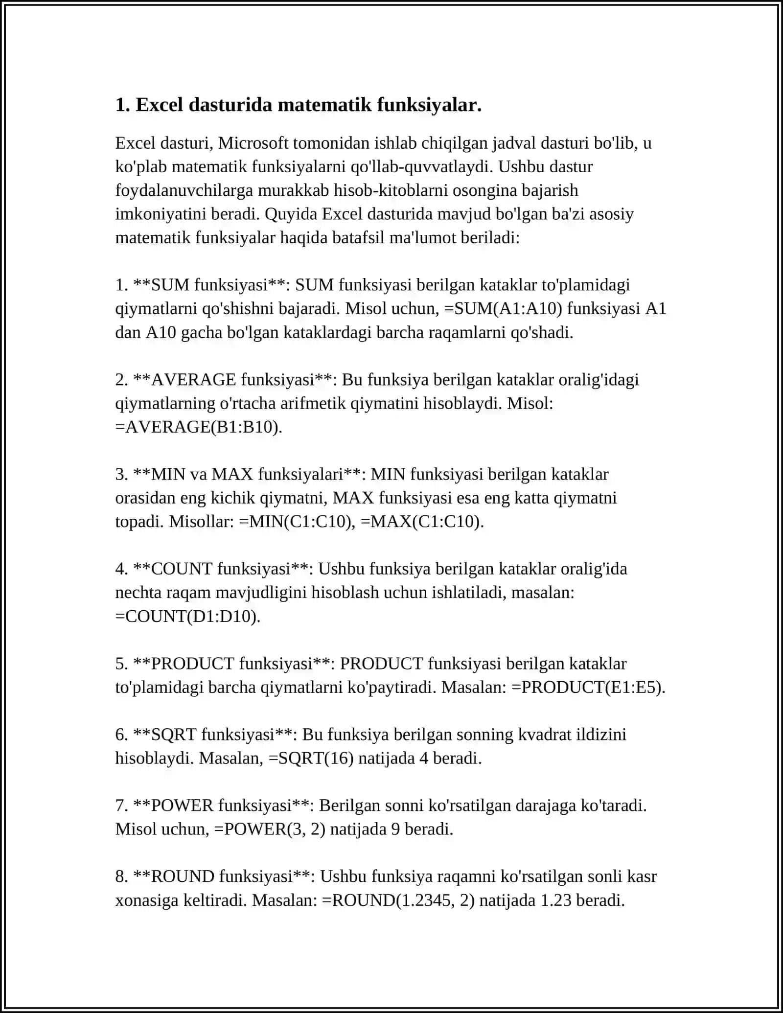 MICROSOFT OFFICE EXCEL DASTURIDA MATEMATIK, STATISTIK, MOLIYAVIY FUNKSIYALAR BILAN ISHLASH 3