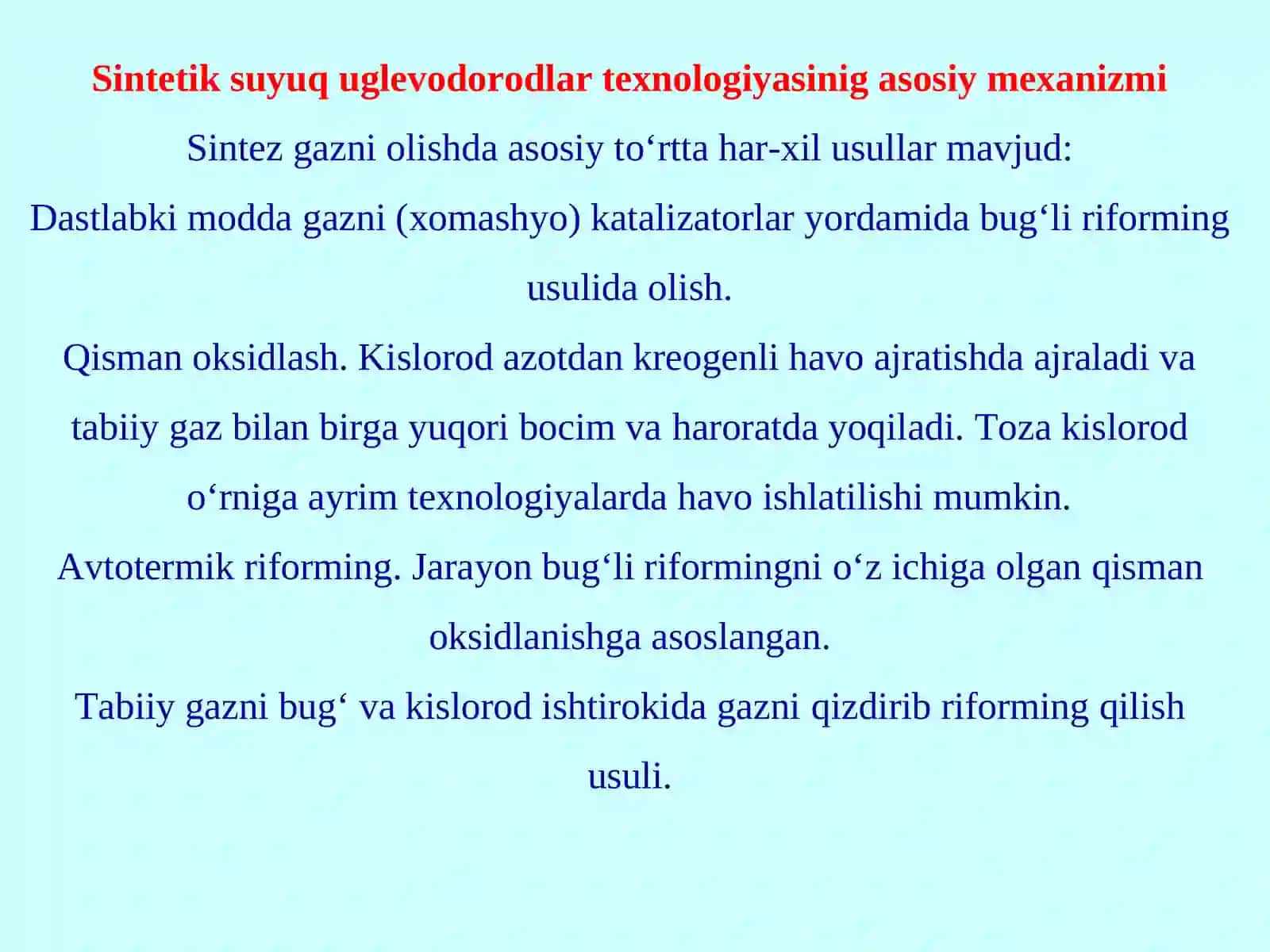 SINTETIK SUYUQLIK YOQILG‘ISINI ISHLAB CHIQARISHDA FISHER-TROPSH TEXNOLOGIYASINI QO‘LLANILISHI 3