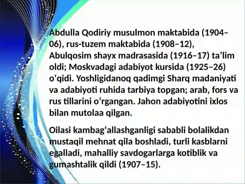 Abdulla Qodiriy hayot va ijodi. "O'tkan kunlar" romani haqida 3