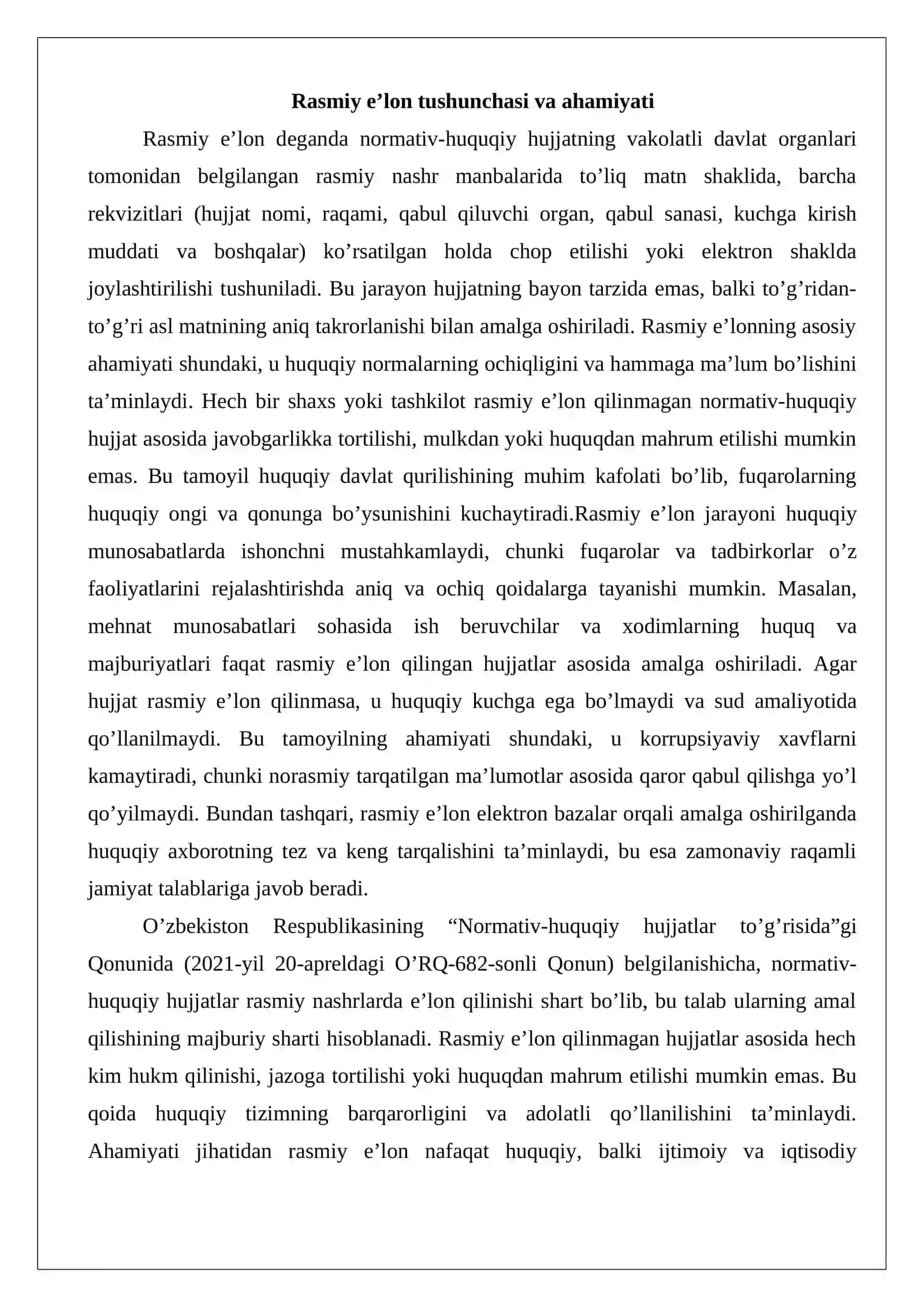 Normativ-huquqiy hujjatlarning e’lon qilinishi, kuchga kirishi va amal qilishi 3