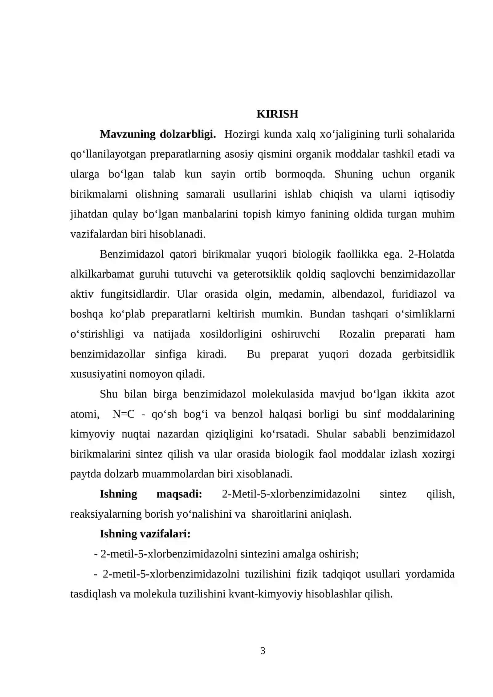 2-metil-5-xlorbenzimidazolni olish usulini ishlab chiqish 3