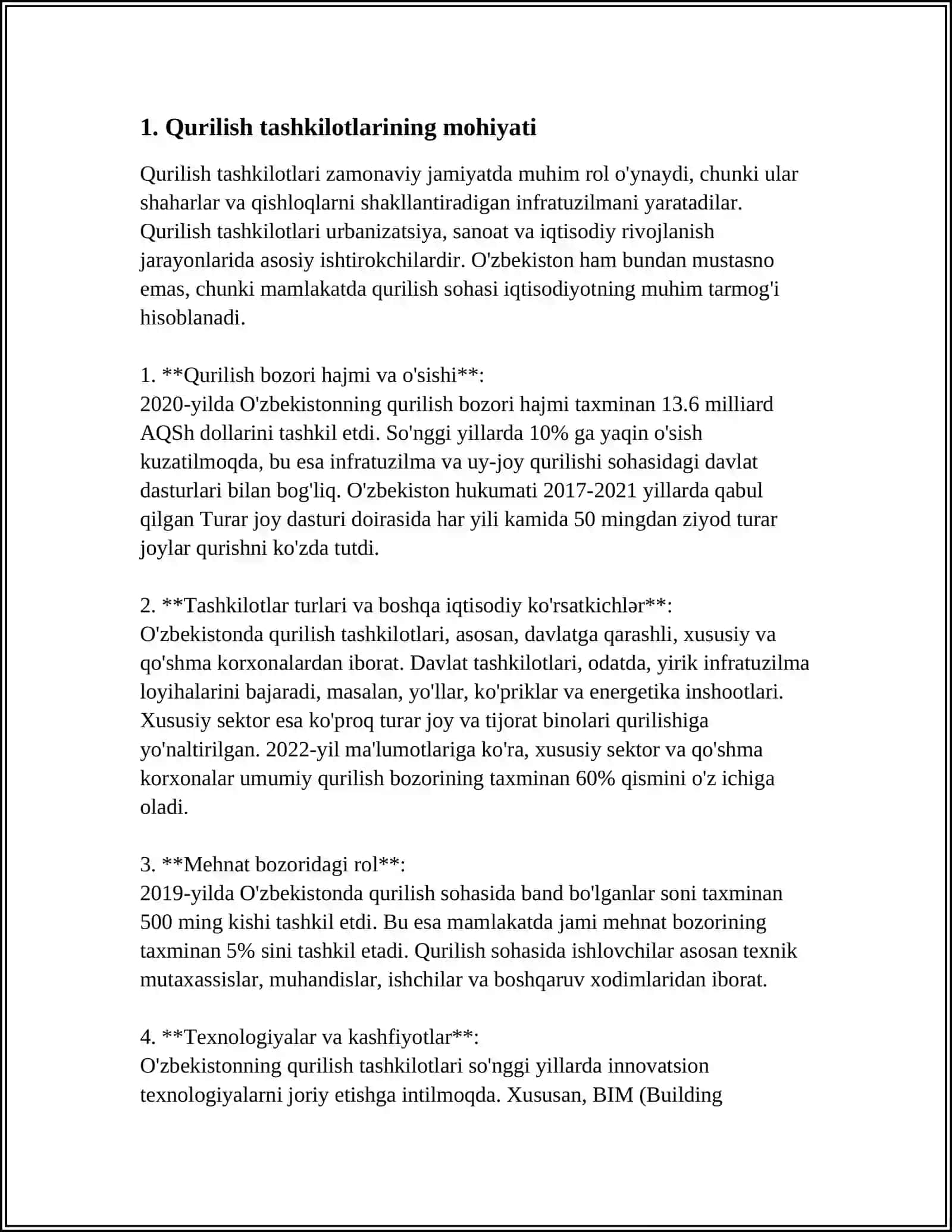 MUSTAQIL ISH Mavzu: QURILISH TASHKILOTLARINING MOHIYATI VA ULARNING TASNIFI. QURILISH TASHKILOTLARINI BOSHQARISH SHAKLLARI 3