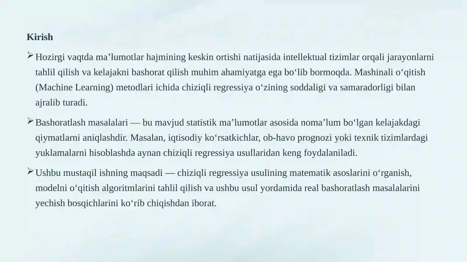 Mashinali o‘qitishning chiziqli regressiya usullari asosida bashoratlash masalalarini yechish. 3