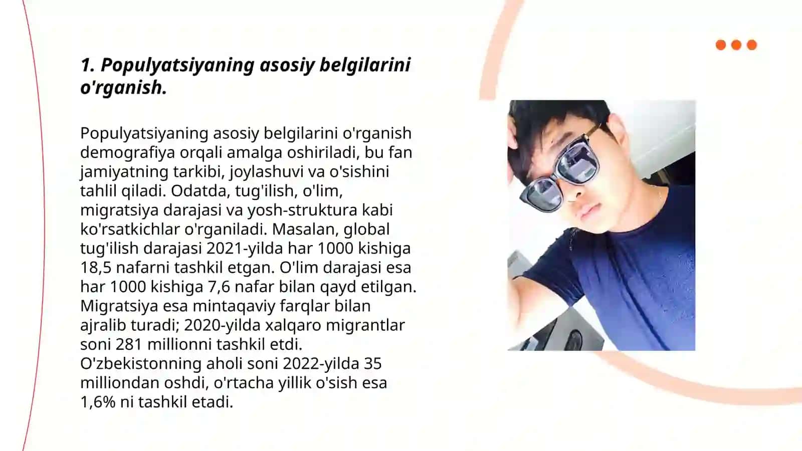 Populyatsiyaning asosiy belgilari va xususiyatlari; populyatsiya tarkibi va populyatsiyaning dinamik ko'rsatkichlarini baholash 3