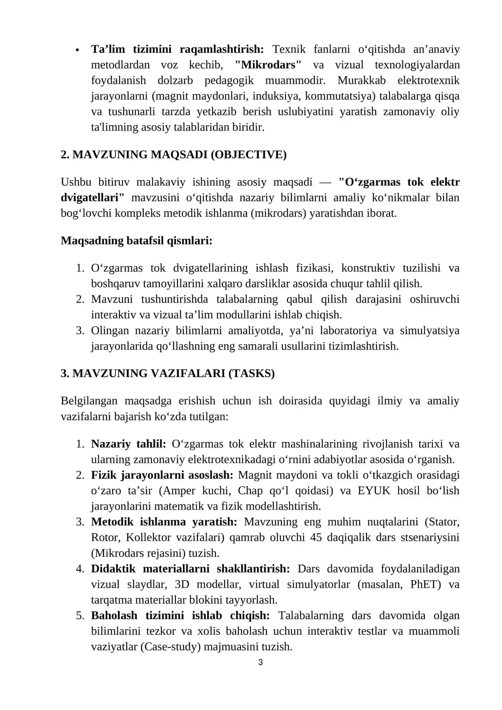“O’zgarmas tok elektor dvigatellari” mavzusidagi          MIKROD DARS  ISHLANMASI 3