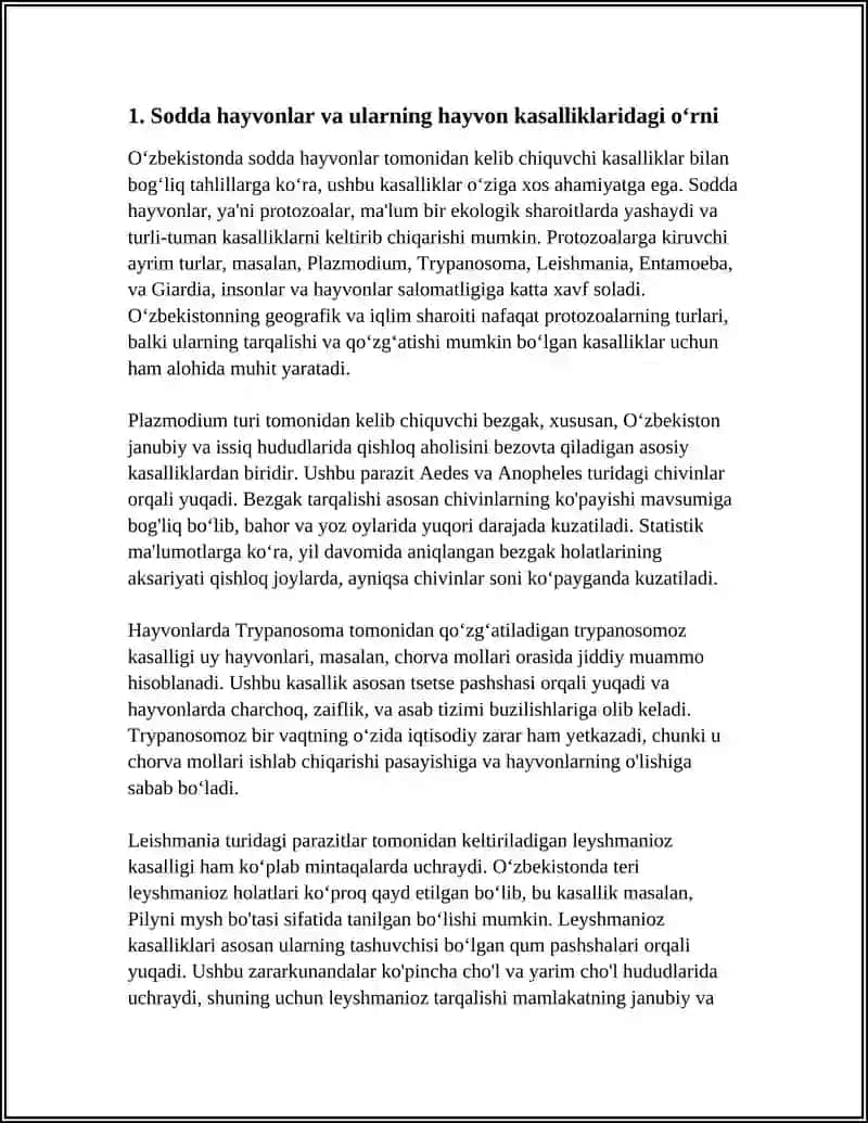 Oʻzbekistonda Sodda Hayvonlar Tomonidan Kelib Chiquvchi Kasalliklar, Tarqalishi va Sabablari 3