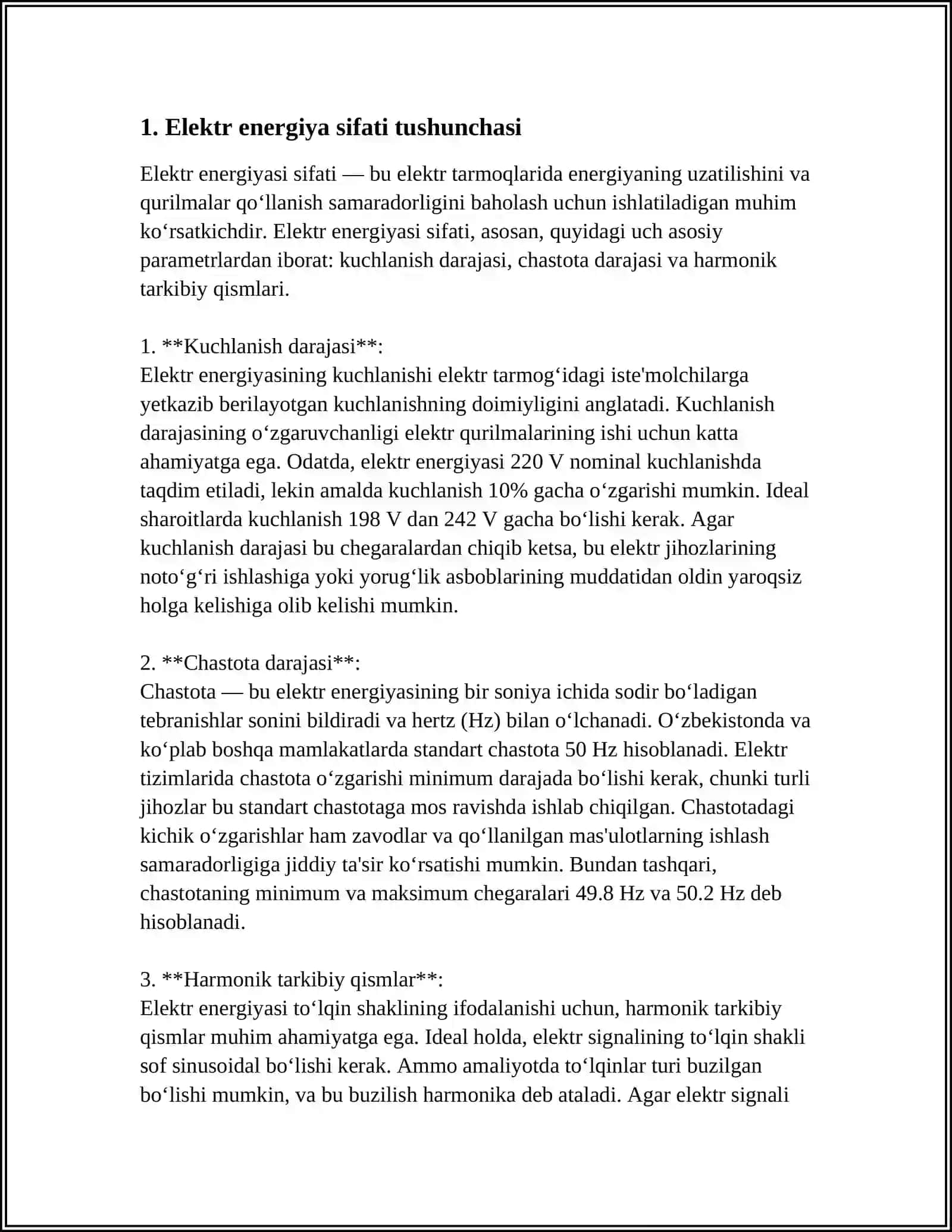 ELEKTR ENERGIYA SIFATINI ELEKTR ISTE'MOLCHILARI VA APPARATLARIGA ISHLASHGA TA'SIRI, RUXSAT ETILGAN KÒRSATKICHLARI 3
