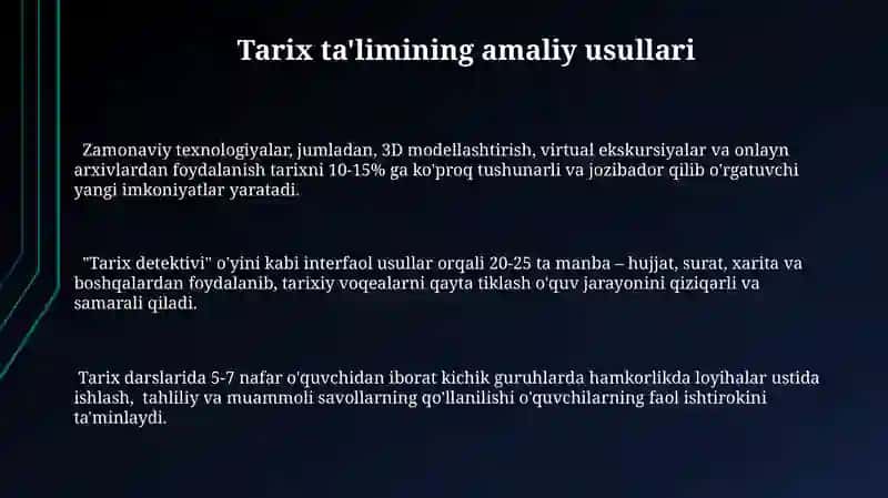 Tarix ta'limining amaliy usullari va tarix darsining turlari 3