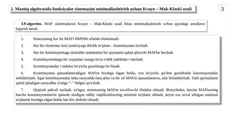Mantiq algebrasining funksiyalar sistemasini minimallashtirish. Ko'p chiqishli kombinatsion sxemalarning sintezi 3