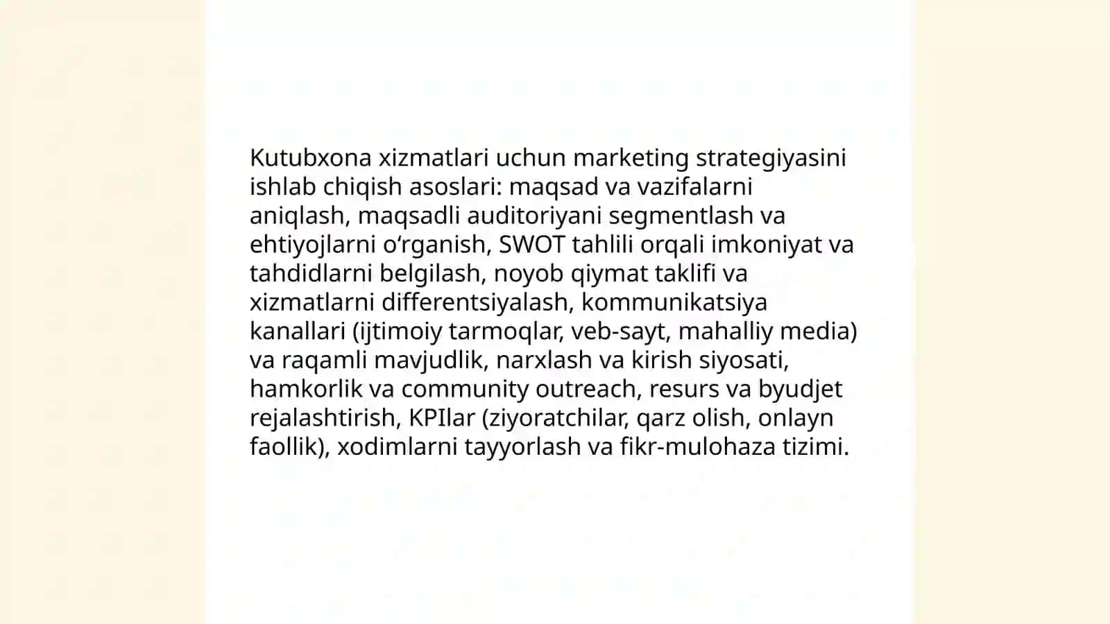 Kutubxona xizmatlarni marketing strategiyasi 3