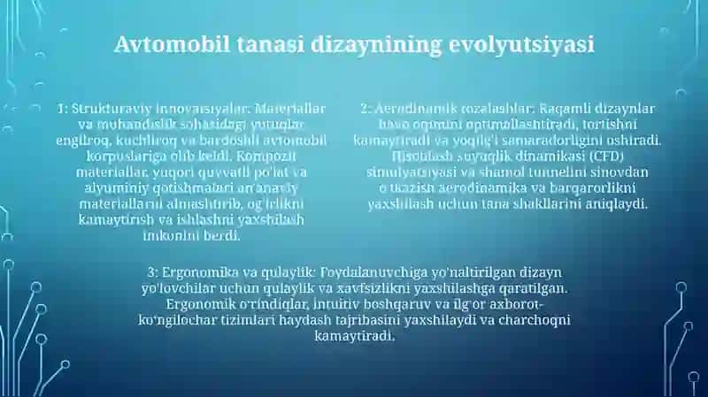 Avtomobillarning Kuzovi,Kabina Va Platformasini KoʻRinishini RivojlanishIstiqbollari 3