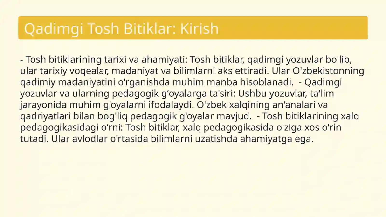 Xalq pedagogikasida manbalar boʻlmish qadrli tosh bitiklar, pedagogik gʻoyalarni qadrlanishi 3