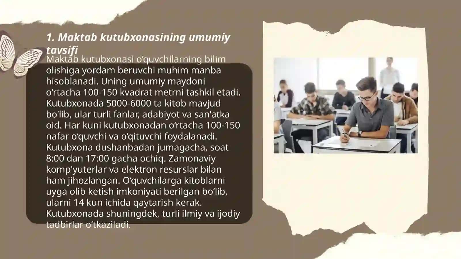 Maktab kutubxonasidagi darsliklar, elektron resurslar hamda fan xonalarining jixozlanishini oʻrganish Prezentatsiya tayyorlash 3