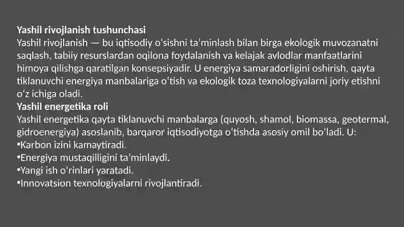 Yashil rivojlanish va yashil energetika barqaror iqtisodiyotga o’tish jarayonini moliyalashtirish 3