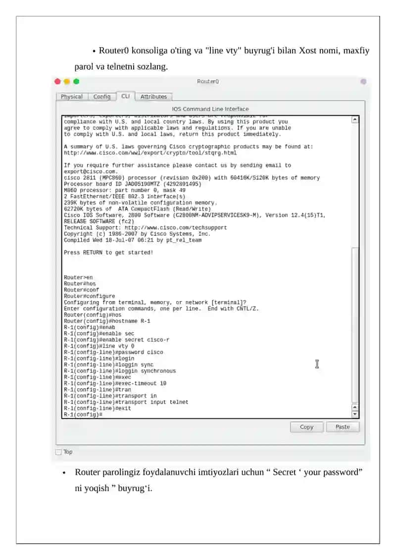 TARMOQ QURILMALARIDA DASTLABKI XAVFSIZLIK SOZLAMALARINI O’RNATISH-TELNET, SSH 3