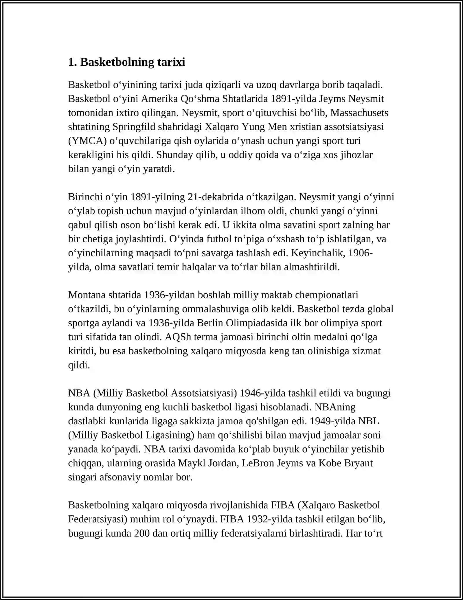 MUSTAQIL ISH Mavzu: BASKETBOL 3