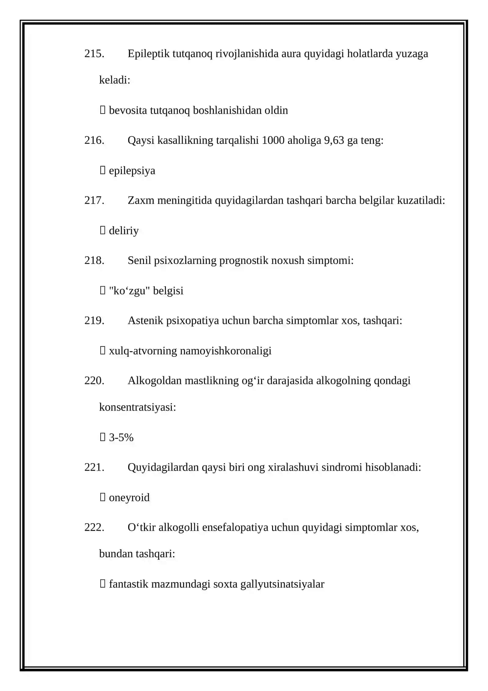 PSIXIATRIYA MUTAXASSISLIGI BOʻYICHA SHAKLLANTIRILGAN TEST SAVOLLARINING JAVOBLARI 3