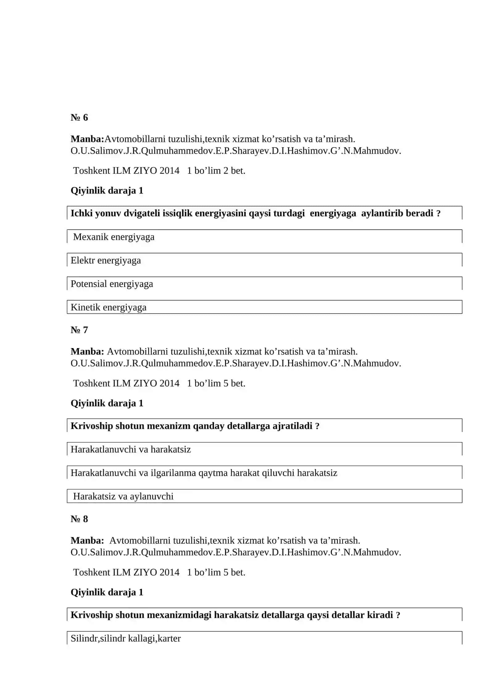 Avtomobillarni ta’mirlash chilangari fanidan testlar 3