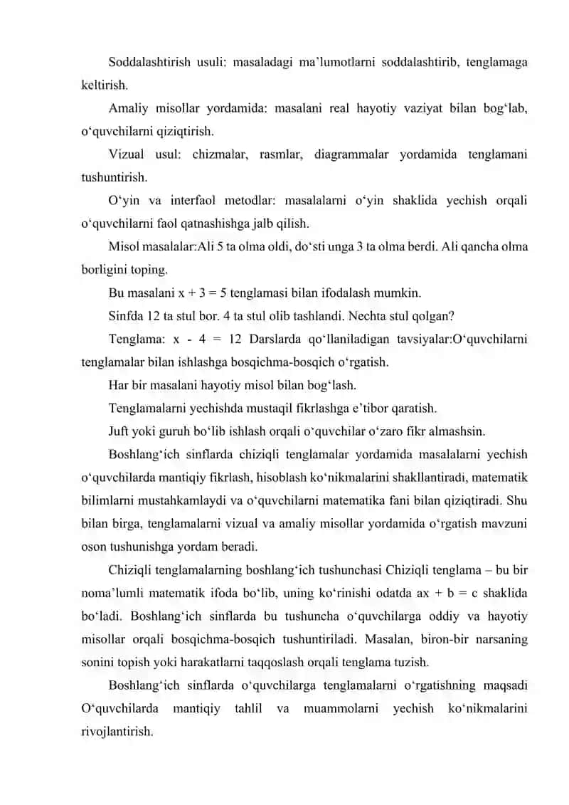 BOSHLANG'ICH SINFLARDA CHIZIQLI TENGLAMALAR YORDAMIDA YECHILADIGAN MASALALAR 3