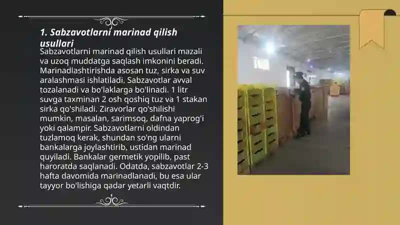 Sabzavot va mevalarni marinadlash, sirkalash hamda tuzlash texnologiyasi 3