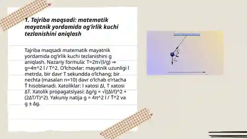 5-laboratoriya ishi Matematik mayatnik yordamida ogʻirlik kuchi tezlanishini aniqlash 3
