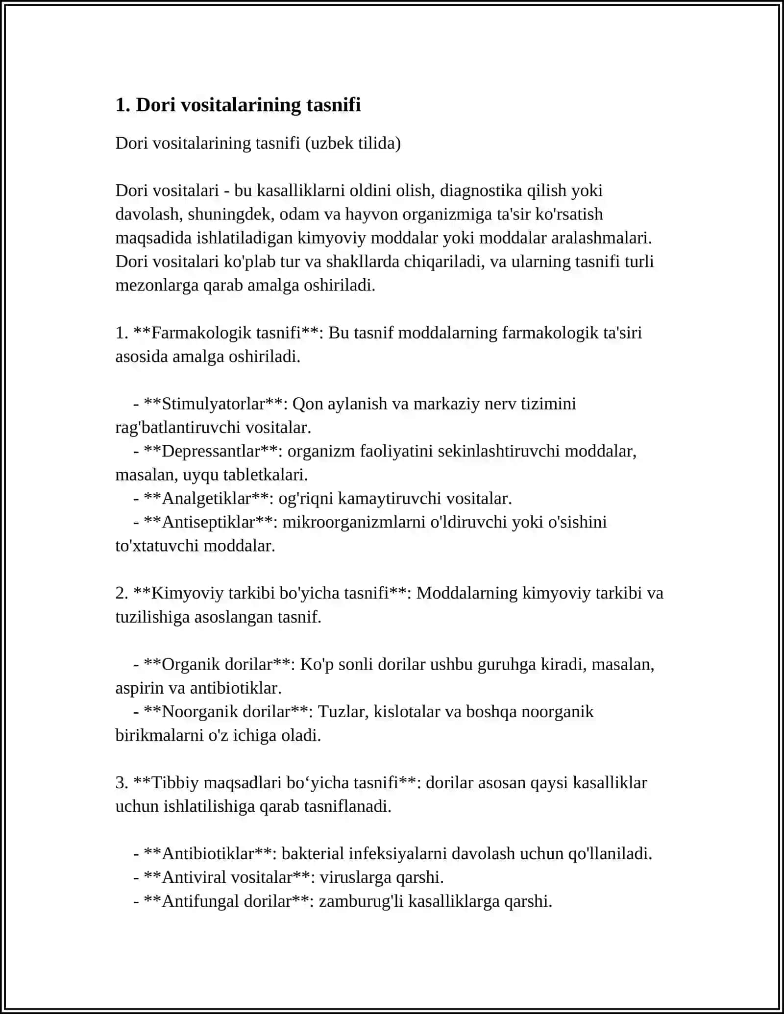 Dori Vositalarining Tasnifi 3