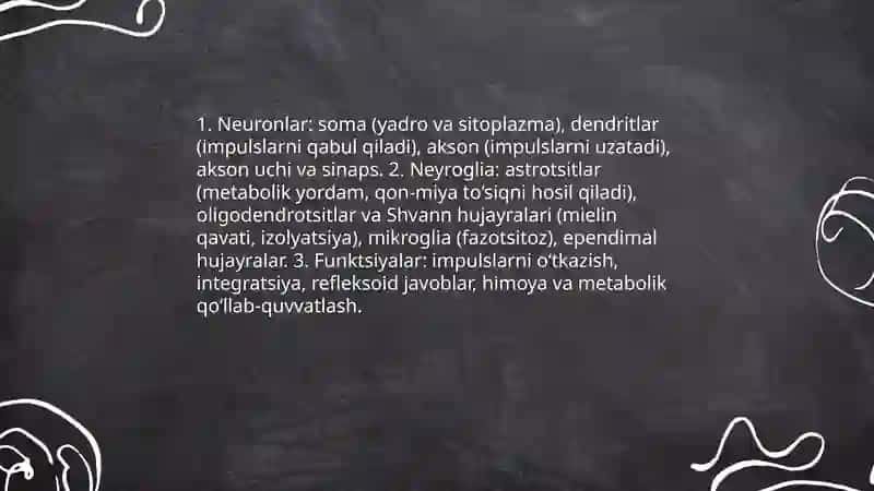 Nerv to‘qima- regeneratsiyasi, nerv uchlari-sinapslar, neyromediatorlar 3