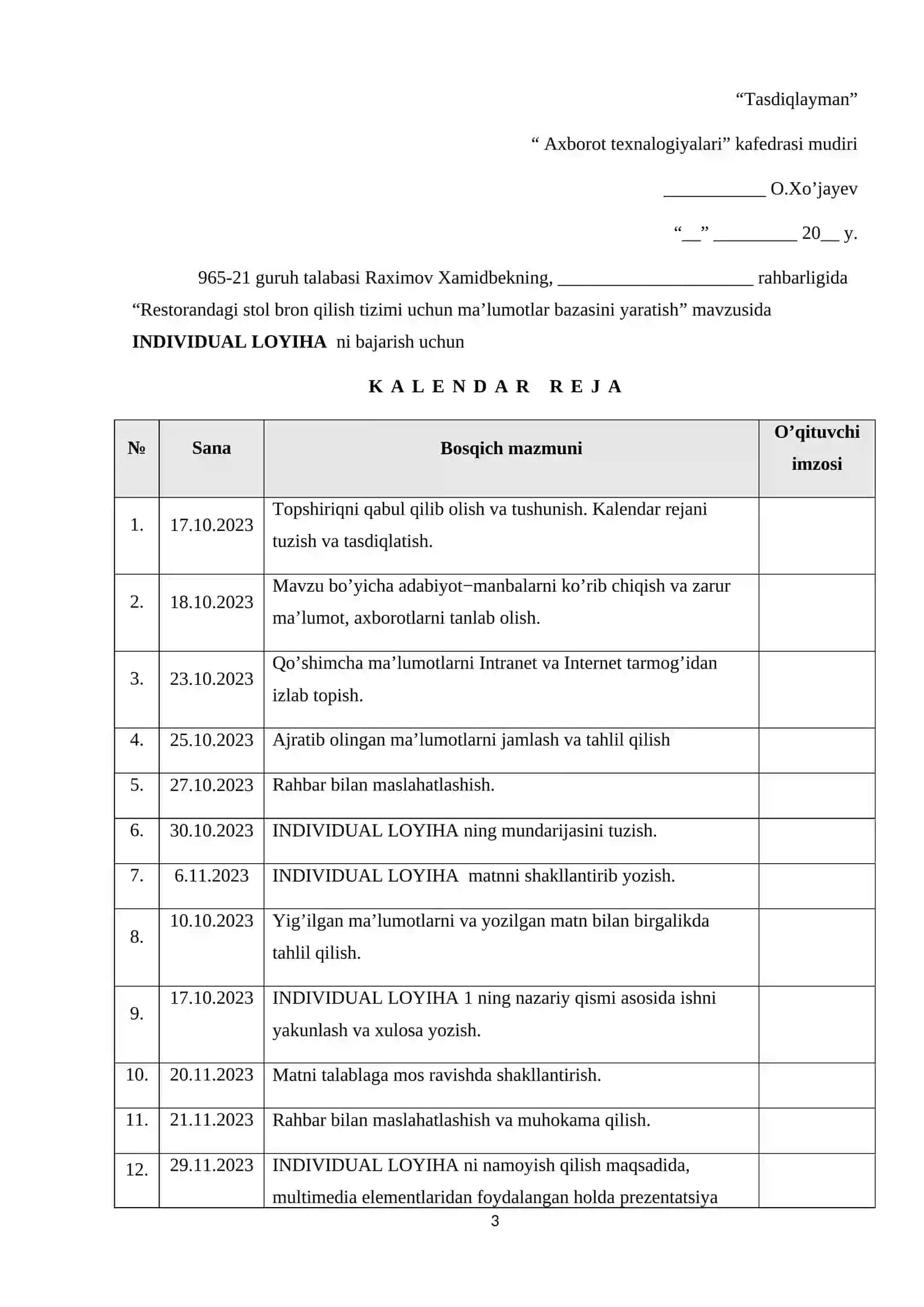 Restorandagi stol bron qilish tizimi uchun ma’lumotlar bazasini yaratish 3