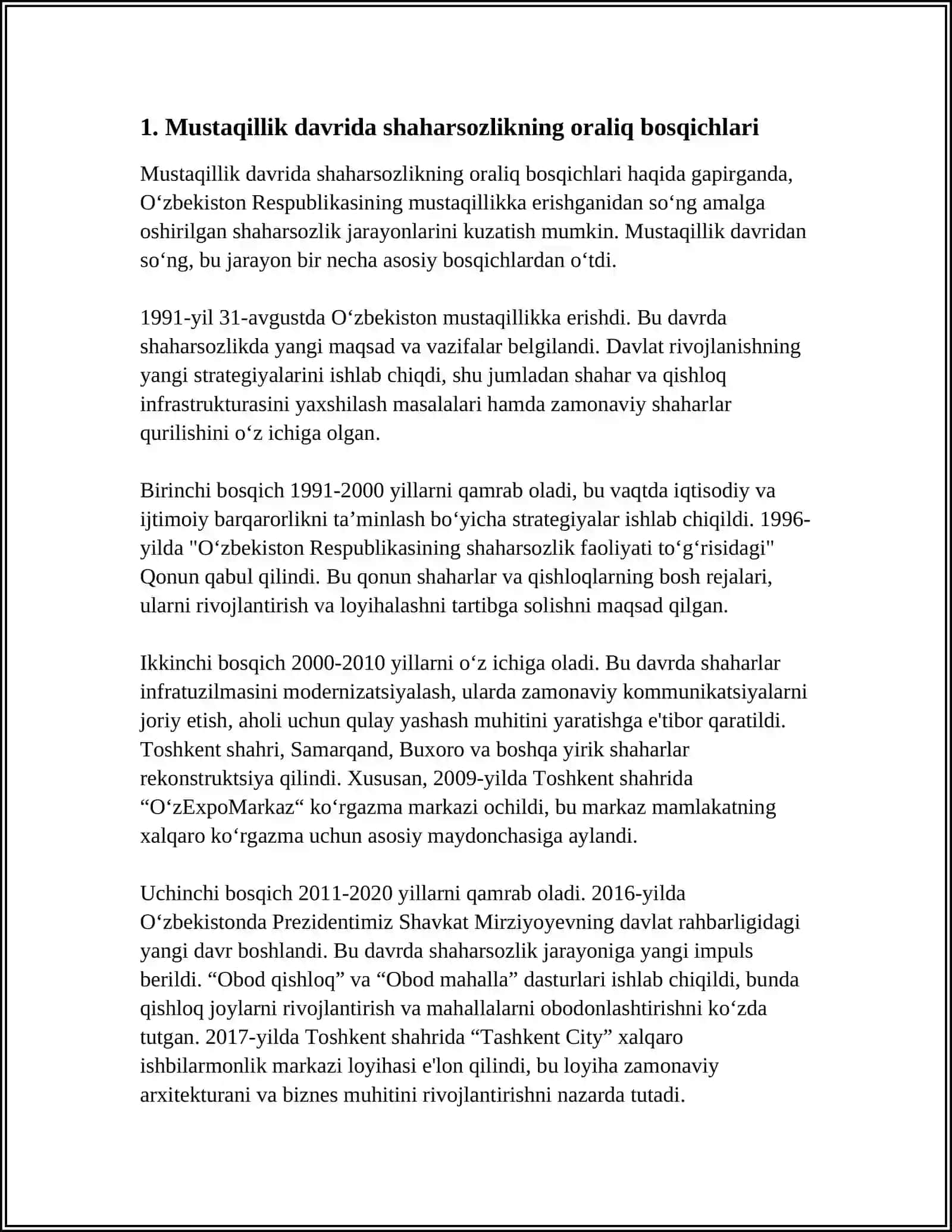 MUSTAQILLIK YILLARIDA SHAHARSOZLIK: TARIXIY BOSQICHLAR VA RIVOJLANISH ISTIQBOLLARI 3