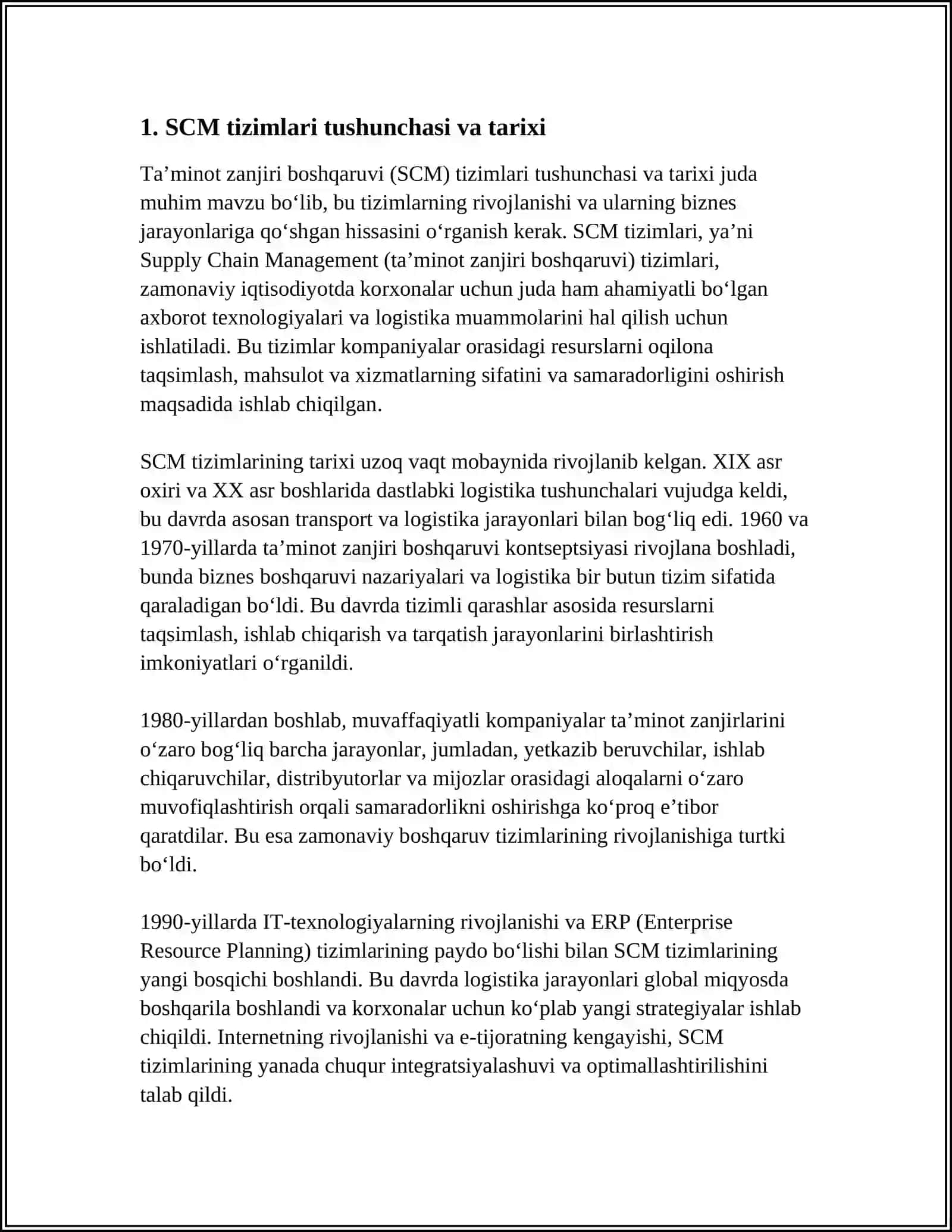 SCM TIZIMLARI UMUMIY USUSIYATLARI VA BIZNESDAGI QO'LLANILISHI 3