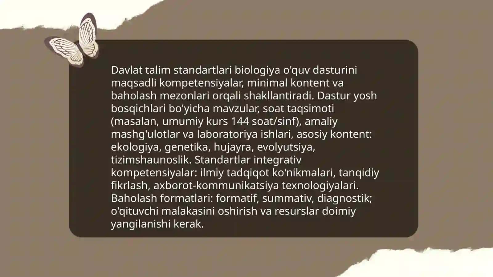 Biologiyadan davlat talim standardlari va òquv dasturining tahlili.Biologiyani òqitishda tayanch va fanga oid xususiy kompetensiyalarni tarkib toptirish yòllari 3