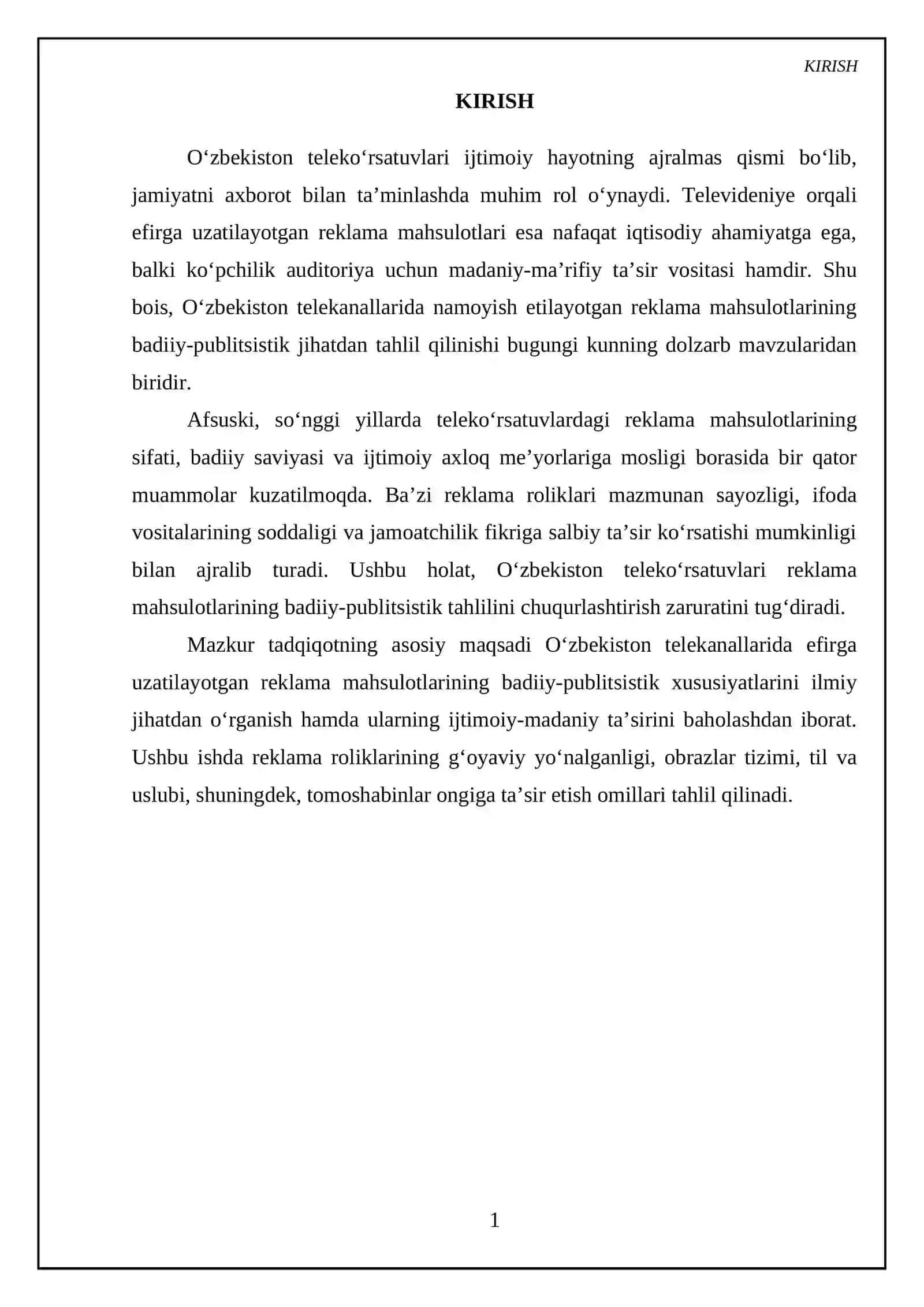 O‘ZBEKISTON TELEVIDENIYESI REKLAMA MAHSULOTLARINING BADIIY-PUBLITSISTIK TAHLILI 3