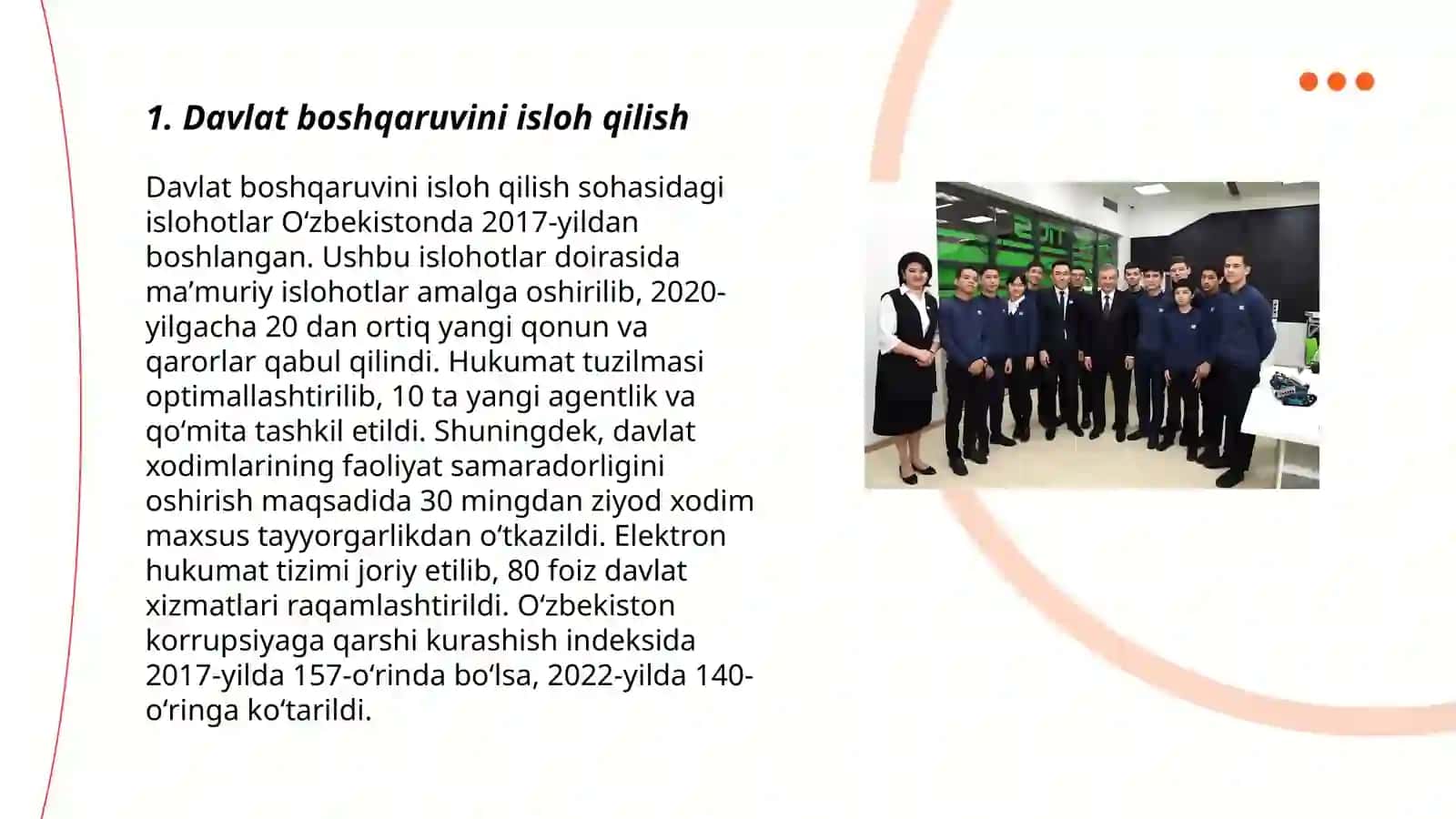 Yangi O'zbekistonda Prezidenti Sh.M.Mirziyoyev rahbarligi va tashabbusi ostida amalga oshirilayotgan islohatlar 3