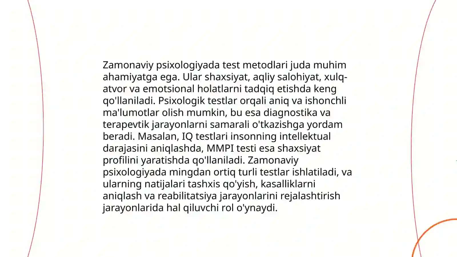 Zamonaviy psixologiya tarmoqlarida tadqiqot metodlarini qoʻllanishi;Test metodi 3