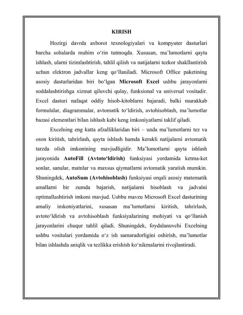 Excel elektron jadvali bilan ishlashi.Ma'lumotlar kiritish va tahrirlash.Excel dasturida avtotoʻlditish va avtohisoblash 3