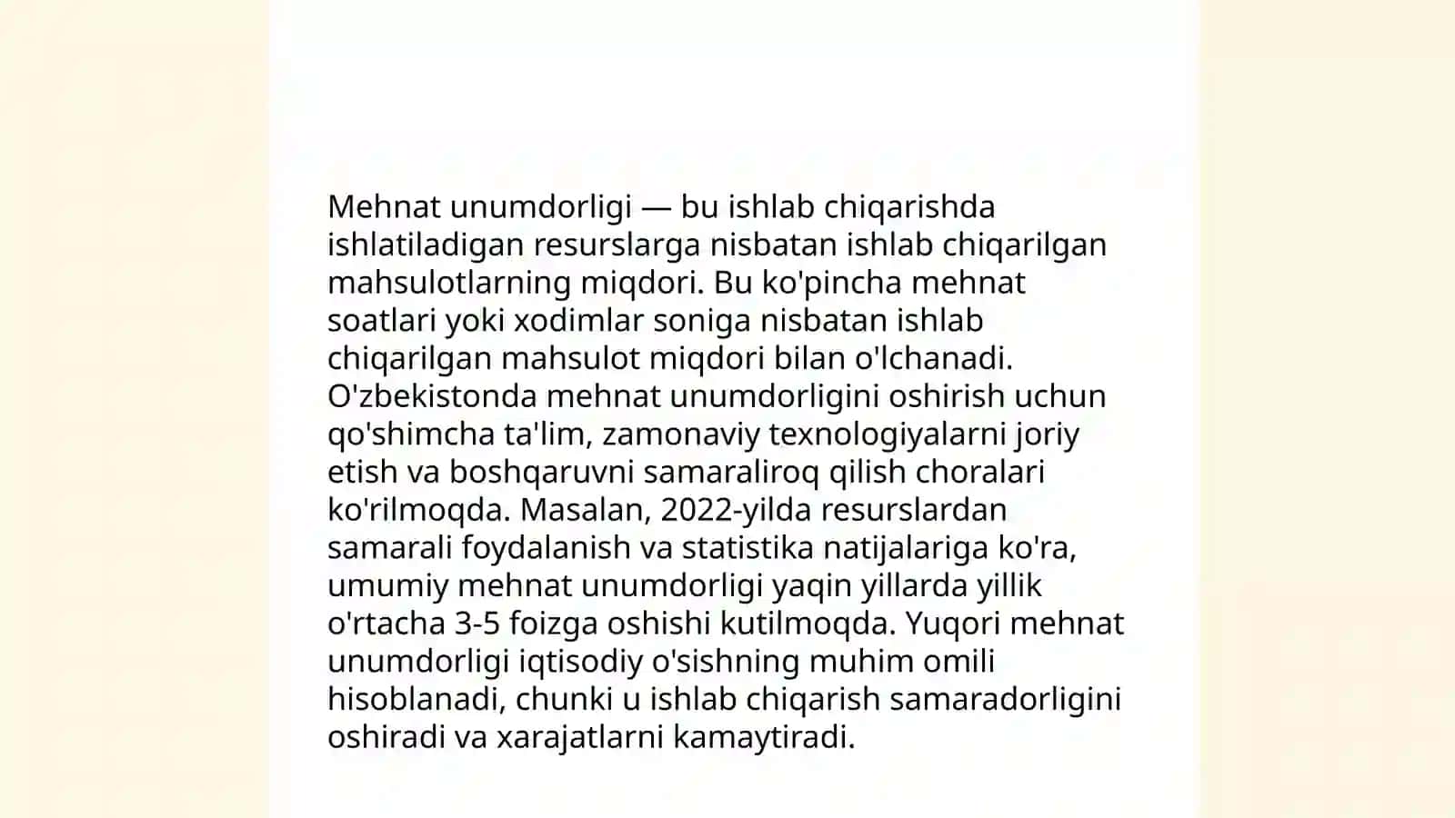 Korxonada mehnat unumdorligi va uni baholashni asosiy koʻrsatkichlari.Mehnat unumdorligini oshirish yoʻllari 3