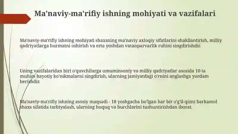 Tarbiya fani boʻyicha darsdan tashqari ma'naviy-ma'rifiy ishlarni tashkiliy-pedagogik jihatlari 3