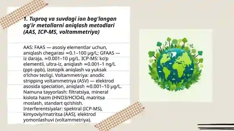 Tuproq va suvdagi ion bog‘lanishli ifloslantiruvchi moddalarni aniqlash va ekologik xavfsiz tozalash usullari 3