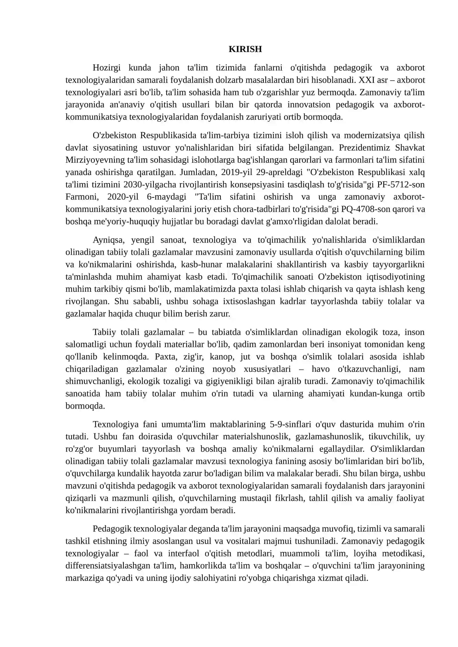 O'SIMLIKLARDAN OLINADIGAN TABIIY TOLALI GAZLAMALAR VA ULARNING XUSUSIYATLARI MAVZUSINI O'QITISHDA PEDAGOGIK VA AXBOROT TEXNOLOGIYALARINI QO'LLASH METODIKASI 3