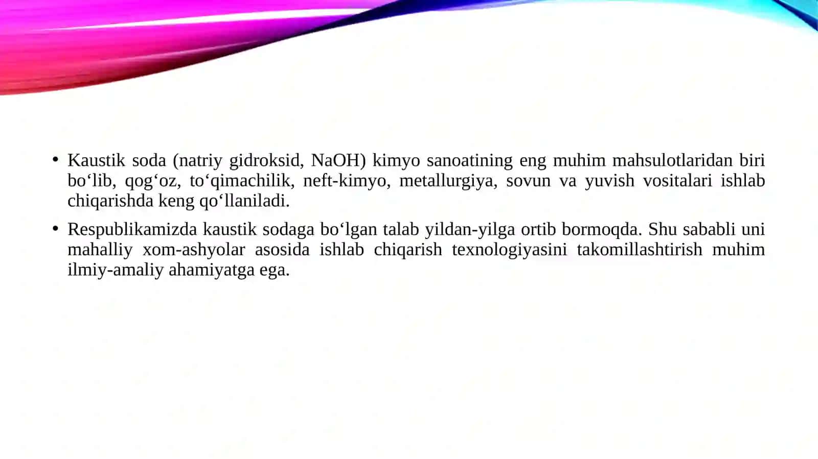 MAHALLIY XOM-ASHYOLARDAN FOYDALANIB KAUSTIK SODA ISHLAB CHIQARISH TEXNOLOGIYASINI TAKOMILLASHTIRISH. 3
