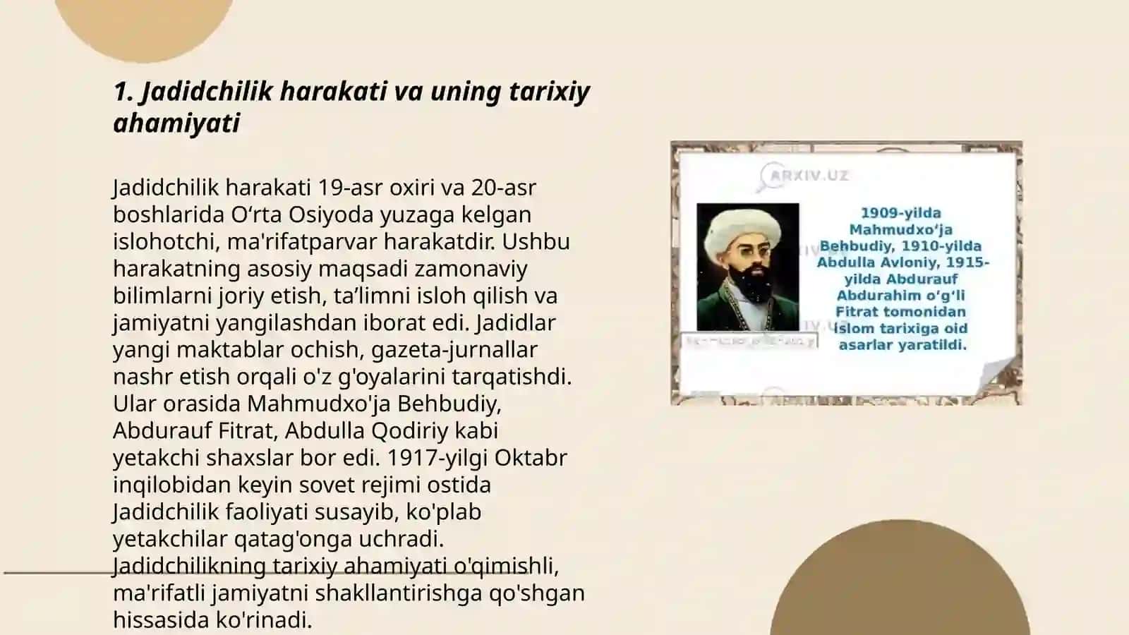 Jadid maʼrifatparvarlarining oʻlka ijtimoiy-ma'naviy hayotida tutgan oʻrni (Munavvar Qori, Fitrat, Behbudiy,Avloniy va boshqalar) 3